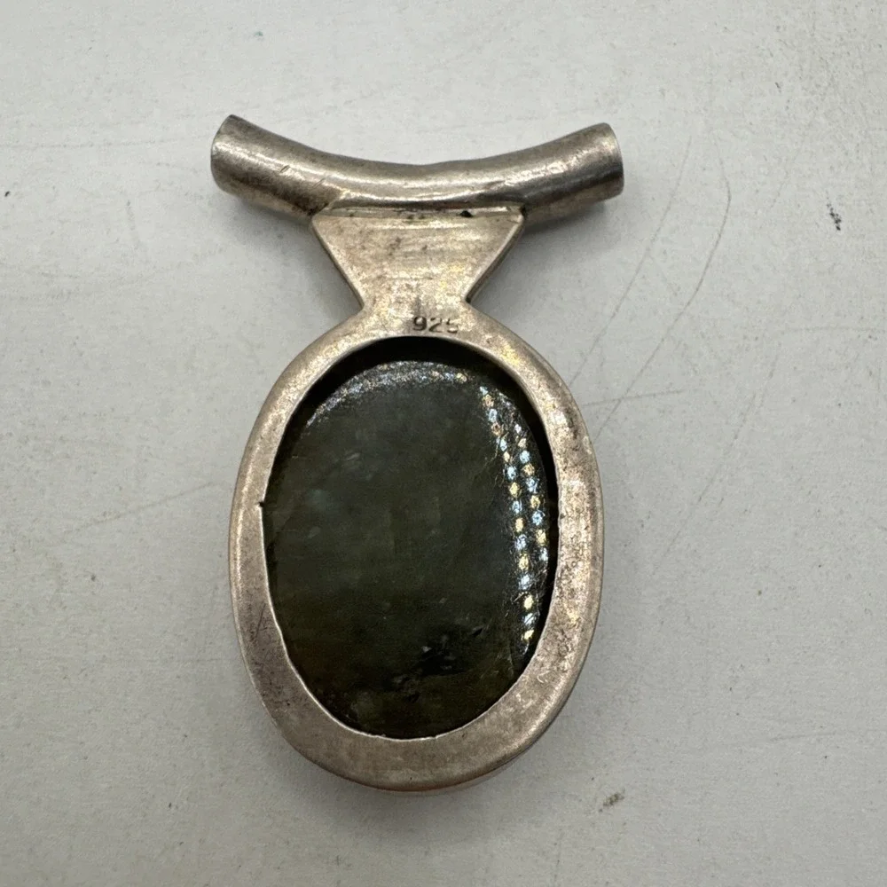 Vintage Navajo Sterling Silver Pendant W/ Large Oval Labradorite Gemstone 13.5g
